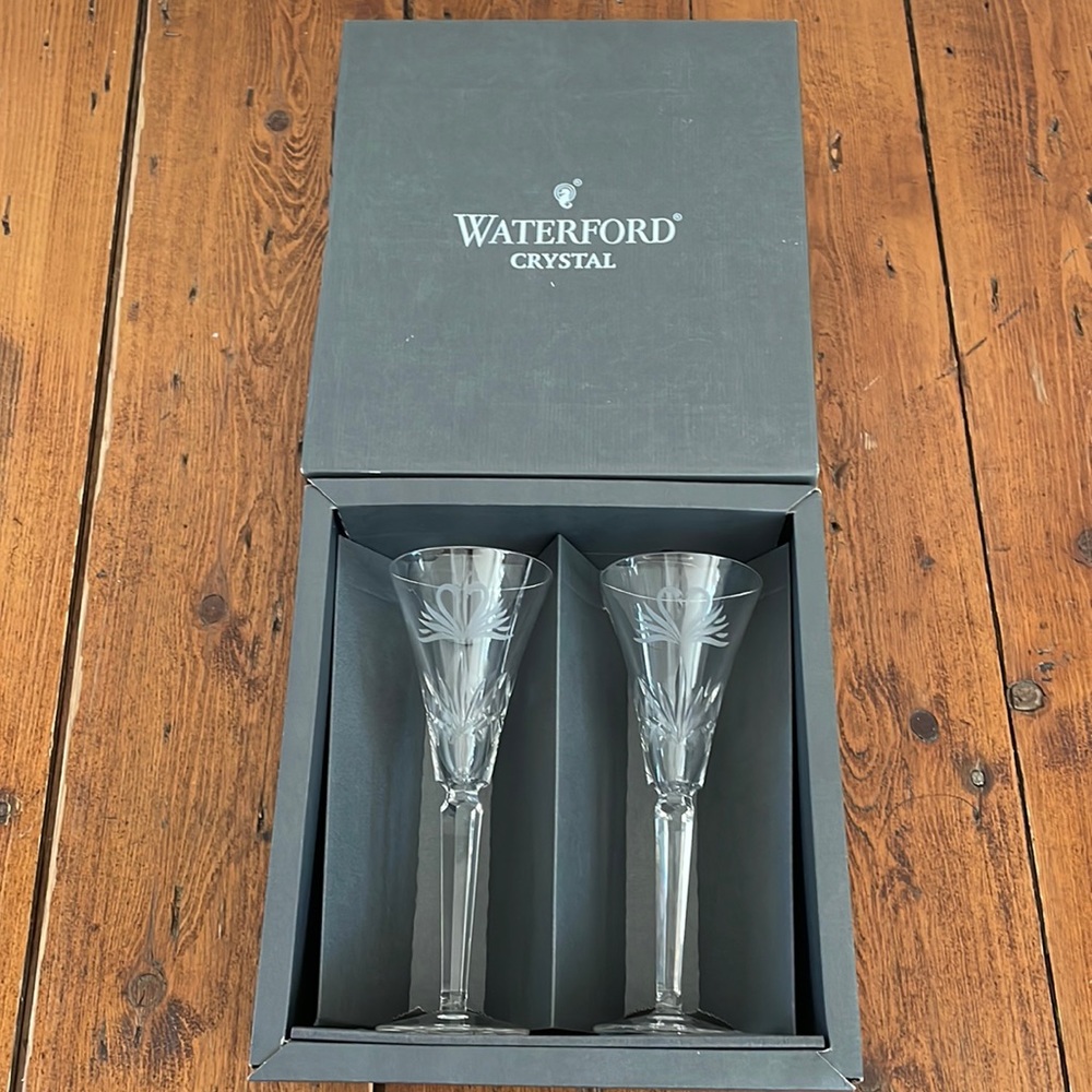Waterford Crystal Wedding Champagne Flute Pair 104763 Swan Heart NEW